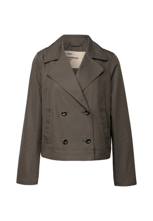Dark gray double-breasted jacket made of smooth fabric, featuring a wide collar and two large black buttons. Long sleeves with a fitted cut.