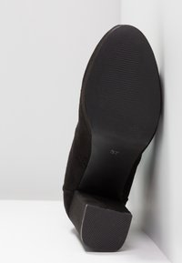 Chaussure à talon haut en suede noir avec une semelle en caoutchouc texturée. Dispose d'un large talon et de la taille marquée "37" au dos.