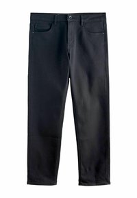 Čierne denimové nohavice so rovný strihom, dizajnom s piatimi vreckami, pútkami na opasok, zipsom a jedným gombíkom na uzatvorenie. Hladká textúra.