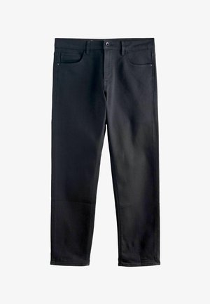 Pantaloni din denim negri cu croială dreaptă, design cu cinci buzunare, pasuri pentru curea, fermoar și o închidere cu un singur nasture. Textură netedă.