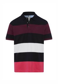 Polohemd mit horizontalen Streifen in Dunkelblau, Burgunderrot, Weiß und Pink. Aus Baumwolle gefertigt, mit einer Knopfleiste mit drei Knöpfen und einem Kragen.