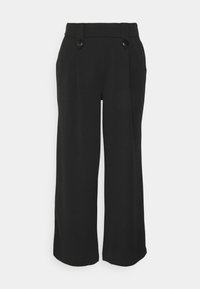 Svarta vida byxor i mjukt tyg, med två framfickor, hög midja och två dekorativa svarta knappar vid midjan.