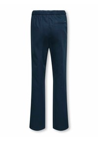 Pantalon bleu marine avec une ceinture élastique, coupe loose et une poche arrière. Tissu doux avec une texture lisse et un design à jambes droites.