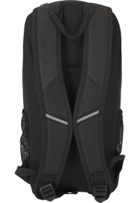 Black backpack featuring mesh back panel and shoulder straps, adjustable buckles, and reflective accents on a streamlined design.