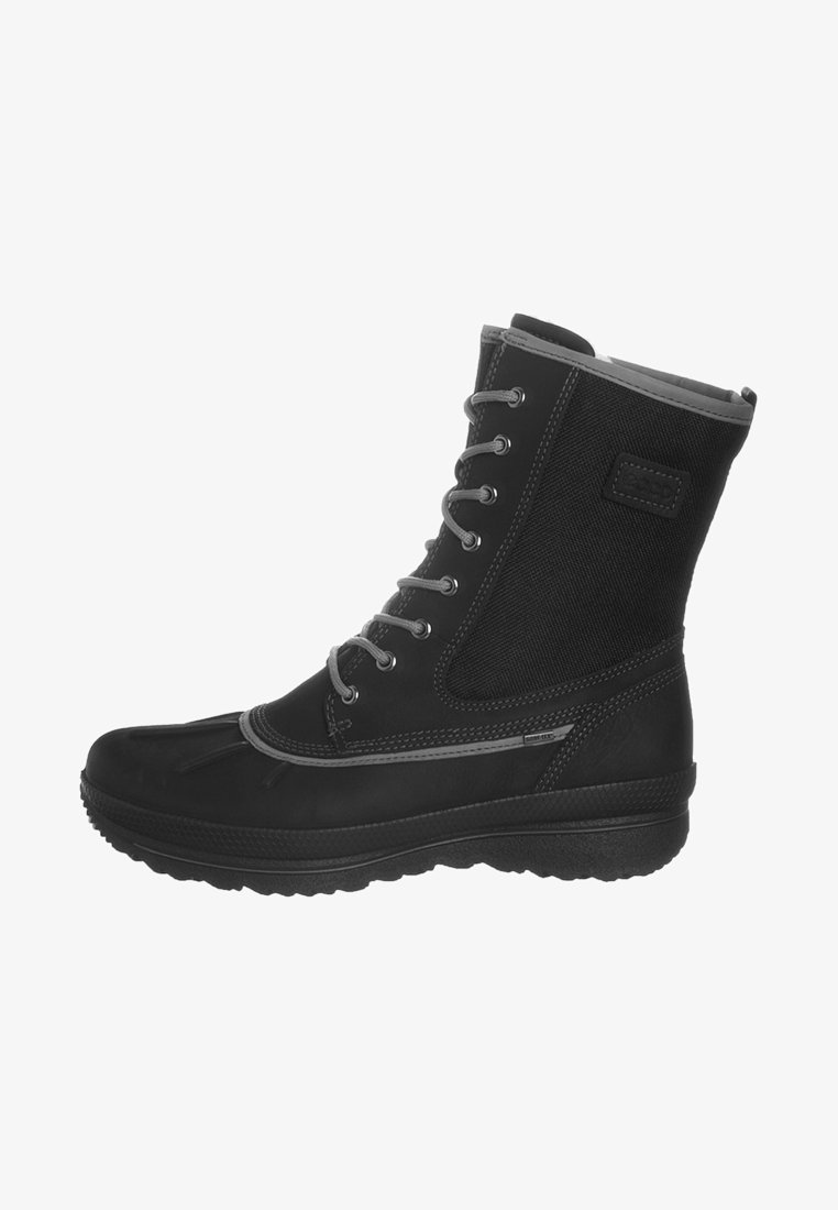 Botte d'hiver noire en tissu texturé et en caoutchouc, avec un tige haute, un bout rond, des lacets et un design imperméable avec des accents gris.