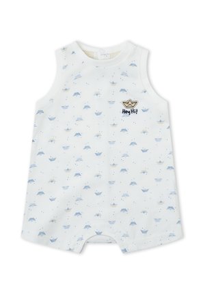 Pelele blanco sin mangas para bebé con estampado de barquitos de papel azules y parche de texto "Hey Hi!" en el pecho, con broches a presión en las piernas.