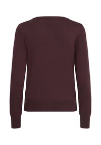 Burgunderfarbener Pullover mit langen Ärmeln, rundem Halsausschnitt und gerippten Bündchen und Saum aus glattem, leichtem Strickgewebe. Unifarben ohne Muster.