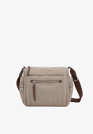 Beżowa torba na ramię z przednią kieszenią na zamek, bocznymi komorami na suwak i regulowanym, ciemnobrązowym paskiem na ramię.