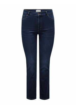 Tmavě modré džíny slim fit s pěti kapsami, předním zapínáním na knoflík a jemným prošíváním podél švů.