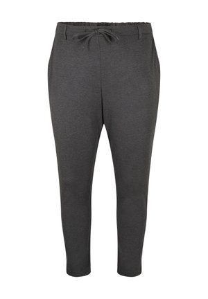 Gray elastic waist sweatpants with a drawstring, tapered leg, and soft texture, designed for comfort and ease of movement.