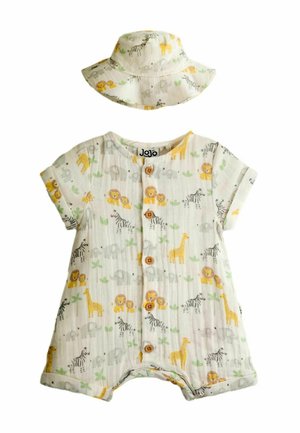 Kombinezon dla niemowląt i dopasowany kapelusz przeciwsłoneczny z żółtymi lwami, żyrafami, zebrą i słoniami na białym materiale z drewnianymi guzikami.