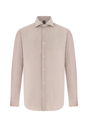 Beżowa męska koszula wizytowa z długim rękawem, cienkimi pionowymi paskami, zapinana na guziki z przodu i zakończona ostro zakończonym kołnierzem.