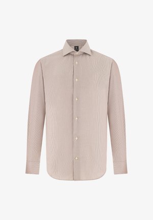 Chemise pour homme beige à manches longues avec fines rayures verticales, boutonnée sur le devant, et col pointu.
