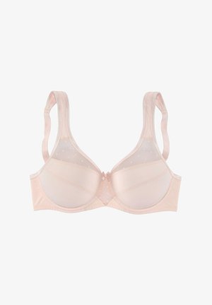 Hellrosa BH mit glatten Cups, Netzdetails und Punktenmuster. Verfügt über verstellbare Träger und eine kleine Schleifendetail in der Mitte vorne.