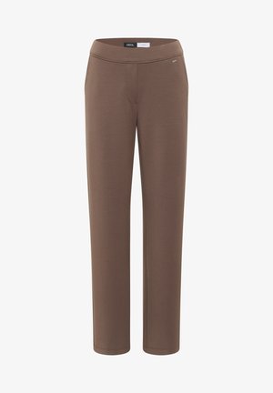 Brązowe spodnie o prostych nogawkach z elastyczną talią i subtelnym przednim szwem, oznaczone marką "Cecil".