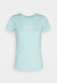 Světle modré krátké tričko vyrobené z bavlny. Má kulatý výstřih a bílé logo "Pepe Jeans London" přes hrudník.