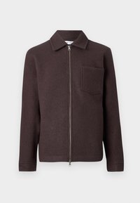 Brown wool jacket with a zip front, point collar, and single chest pocket. Smooth texture and fitted silhouette with long sleeves.