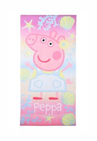 Pink beach towel featuring Peppa Pig, with a gradient background, seashells, and coral designs. Text "Peppa" in white at the bottom.