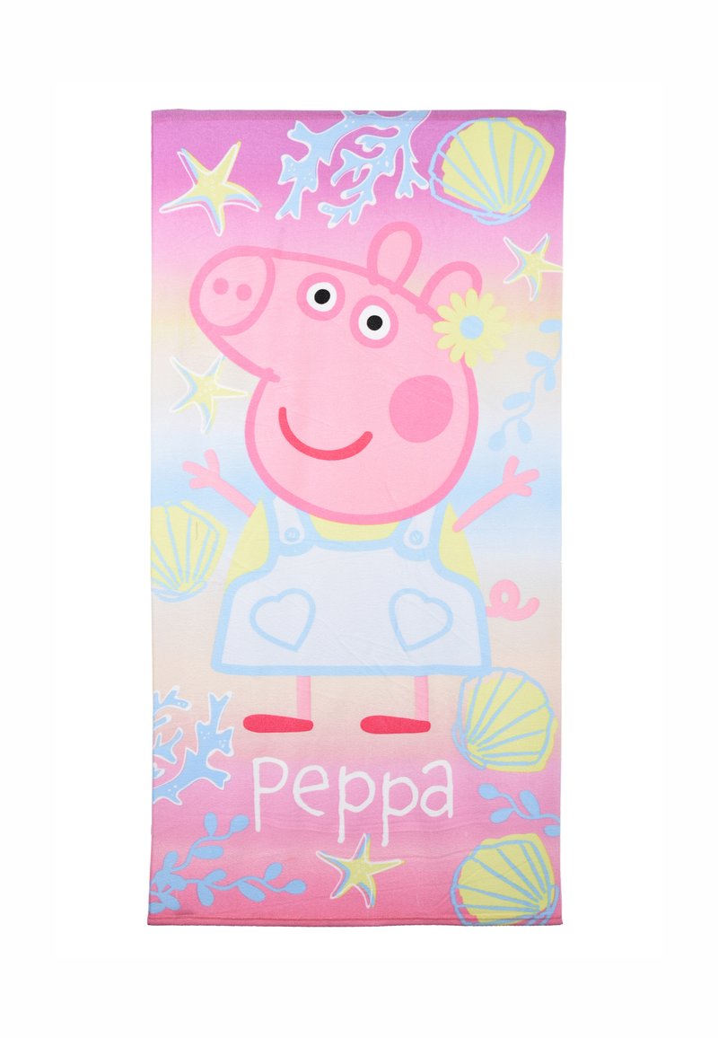 Pink beach towel featuring Peppa Pig, with a gradient background, seashells, and coral designs. Text "Peppa" in white at the bottom.