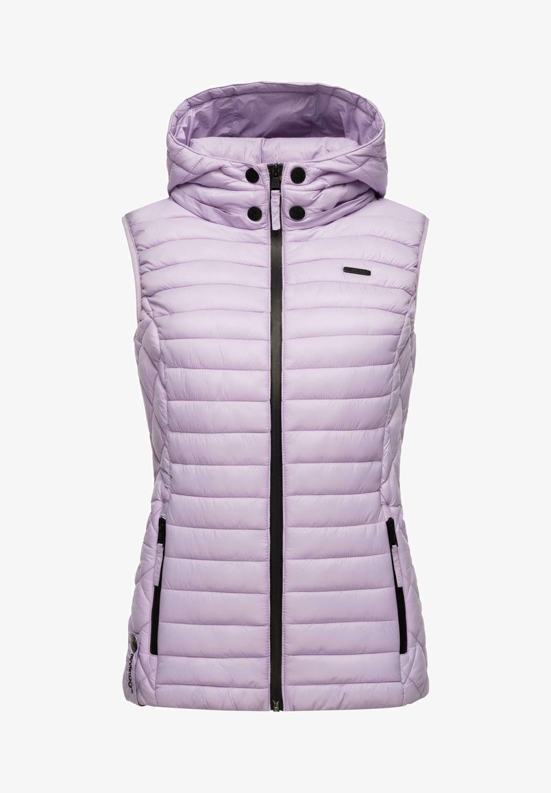 Light purple padded vest with a hood, featuring front zipper, black accents, and side pockets. Quited design with horizontal stitching.