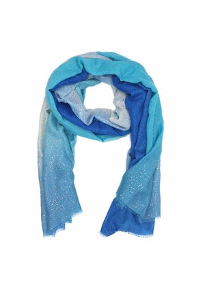 Sciarpa blu ombre con sfumature che vanno dal blu chiaro al blu scuro, con puntini metallici dorati e bordi frangiati. Realizzata in un materiale morbido e leggero.