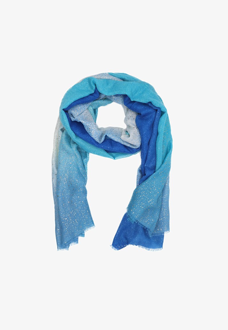 Sciarpa blu ombre con sfumature che vanno dal blu chiaro al blu scuro, con puntini metallici dorati e bordi frangiati. Realizzata in un materiale morbido e leggero.