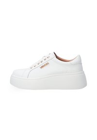 White platform sneakers with a smooth leather finish, rounded toe, and rose gold hardware accents. Features a lace-up design and cushioned sole.