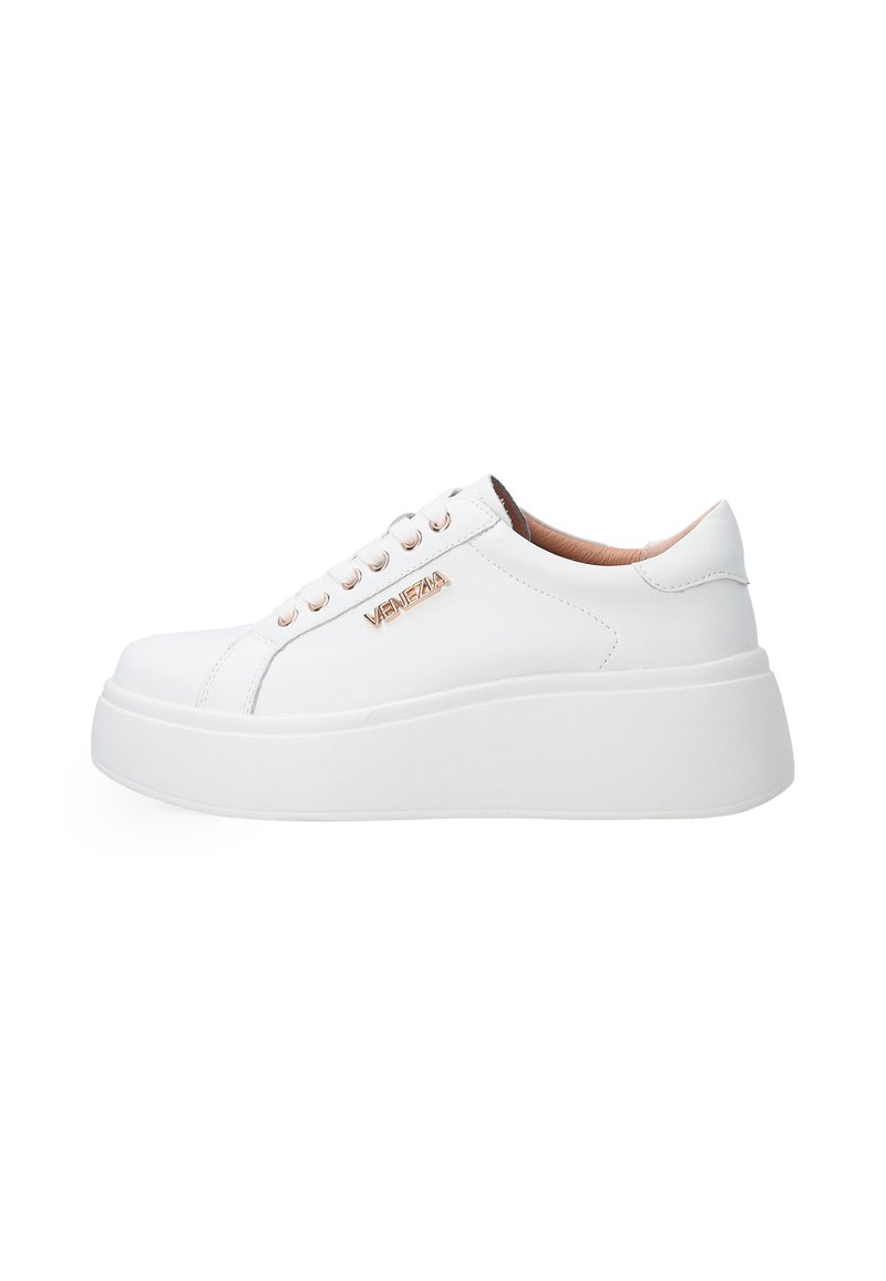 White platform sneakers with a smooth leather finish, rounded toe, and rose gold hardware accents. Features a lace-up design and cushioned sole.