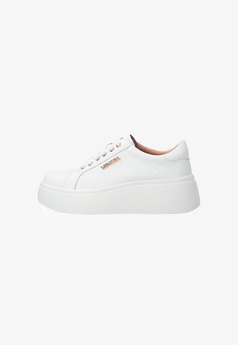 White platform sneakers with a smooth leather finish, rounded toe, and rose gold hardware accents. Features a lace-up design and cushioned sole.