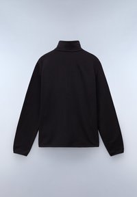 Black mock neck pullover sweater with long sleeves, soft texture, and a relaxed fit. No visible patterns or hardware details. Solid color.