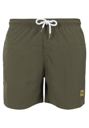 Shorts de bain vert olive foncé avec une taille élastique, un cordon de serrage blanc et un petit logo rectangulaire cousu en bas à droite.