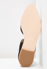 Vue de la semelle d'une chaussure plate noire à bout pointu, semelle extérieure beige et petit talon, posée contre un mur d'angle blanc.