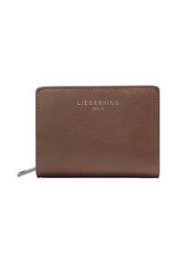 Bruine leren portemonnee met een gladde textuur, zilveren reliëflogo, compact rechthoekig formaat en een ritssluiting aan de zijkant.