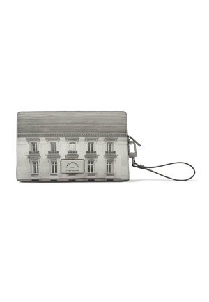 Gray wristlet clutch with Paris building print and Karl Lagerfeld logo plaque on front, zip closure, and detachable strap.