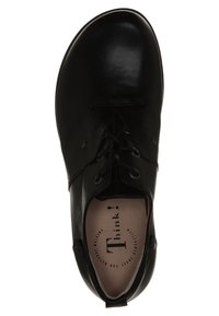 Black leather shoe with a smooth finish, round toe, and lace-up closure. Interior features a cushioned insole with "Think!" branding.