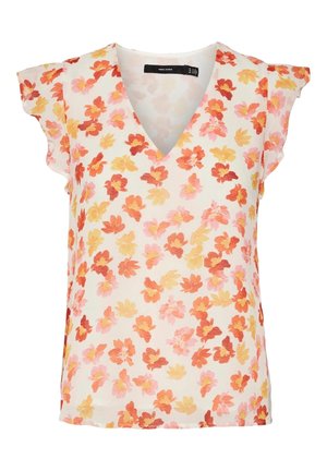 Bluse mit kurzem Ärmel und Floralprint, mit V-Ausschnitt, leichtem Stoff und einem Muster aus roten, orangefarbenen, rosa und gelben Blumen auf einem weißen Hintergrund.