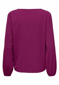 Blouse violette à manches longues avec poignets élastiques et tissu légèrement texturé, vue de dos sur fond blanc uni.