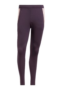 Leggings en tissu violet foncé avec une texture lisse, présentant des panneaux latéraux rose clair avec un motif subtil et une taille élastique.