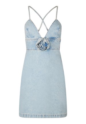 Abito in denim di colore azzurro chiaro, con scollatura a V, bretelle incrociate e un accento floreale in vita. Tessuto liscio, lunghezza corta.