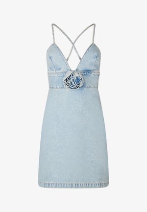 Abito in denim di colore azzurro chiaro, con scollatura a V, bretelle incrociate e un accento floreale in vita. Tessuto liscio, lunghezza corta.