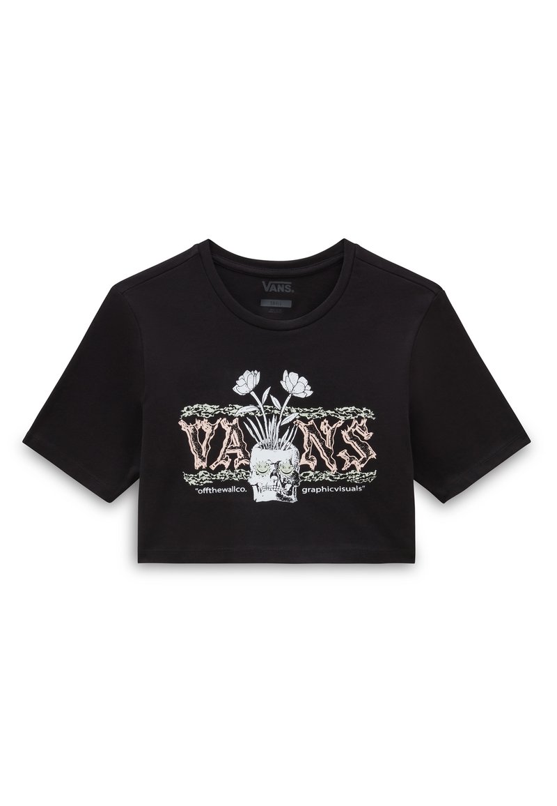 La camiseta negra corta presenta un diseño gráfico con un skull y flores, mangas cortas y cuello redondo. Está hecha de material de algodón suave.