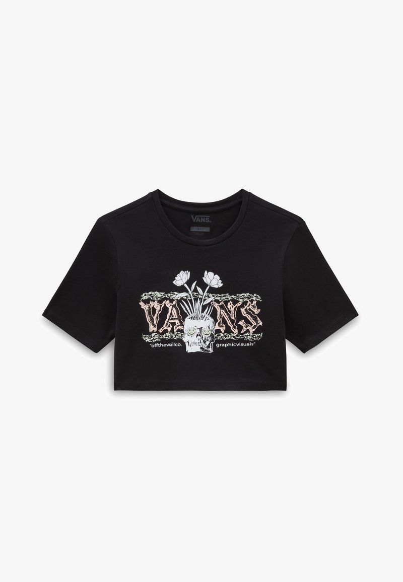 La camiseta negra corta presenta un diseño gráfico con un skull y flores, mangas cortas y cuello redondo. Está hecha de material de algodón suave.