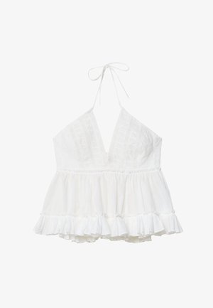 Weißes ärmelloses Halftertop mit tiefem V-Ausschnitt, Spitzenverzierungen am Oberteil und einem Rüschensaum für einen lockeren Sitz.