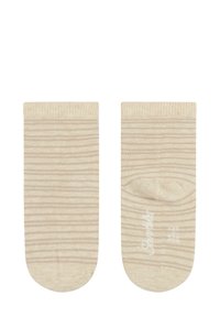 Beige gestreifte Knöchelsocken mit glatter Textur, abgerundeter Spitze und dezentem Logo-Detail nahe der Ferse. Rippbund für eine bequeme Passform.