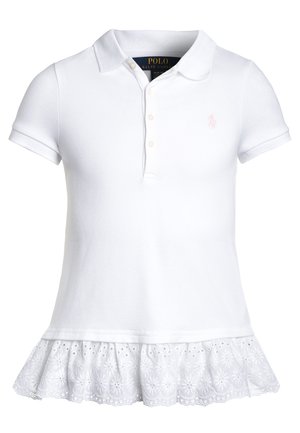 Hvid kortærmet poloshirt med krave, tre knapper og blonderal på kanten med hulmønster, med subtilt broderet logo på brystet.