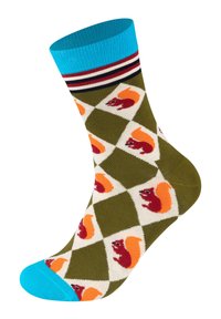 Zielone skarpetki w diamentowy wzór z pomarańczowymi i czerwonymi wiewiórkami, niebieskim ściągaczem w prążki oraz czerwonymi i białymi akcentami w paski.