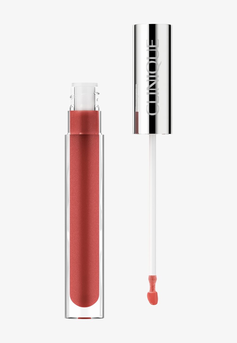 Lip gloss in a clear tube, featuring a soft pink shade with shimmer. Includes a white applicator wand and a silver metallic cap.