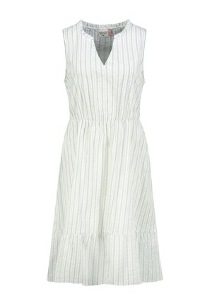 Ärmelloses weißes Kleid mit hellgrauen vertikalen Streifen, V-Ausschnitt, geraffter Taille und Rüschensaum, Größe Medium.