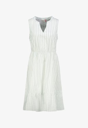 Ärmelloses weißes Kleid mit hellgrauen vertikalen Streifen, V-Ausschnitt, geraffter Taille und Rüschensaum, Größe Medium.