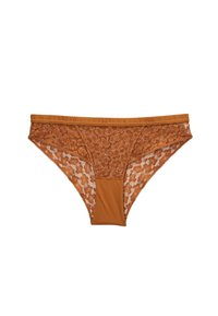 Culotte en dentelle et tissu de couleur marron riche. Motif floral en dentelle sur les côtés, panneau opaque uni au centre. Texture douce avec une taille élastique.